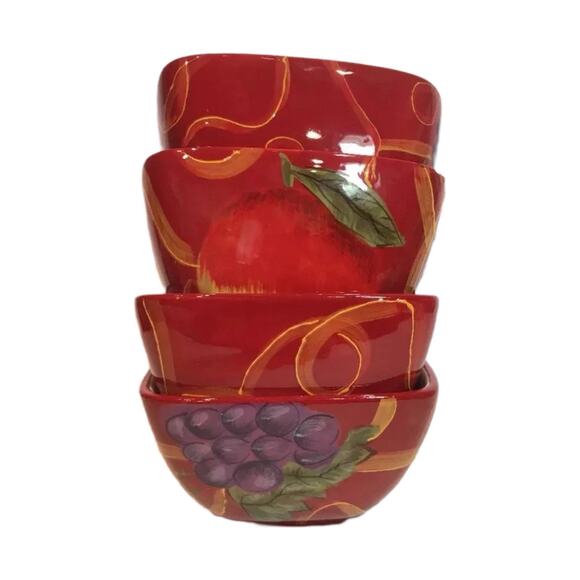 Set of 4 Red Hand-Painted Square Bowls – Grapes Apples Geometric Soup Cereal - Picture 3 of 8